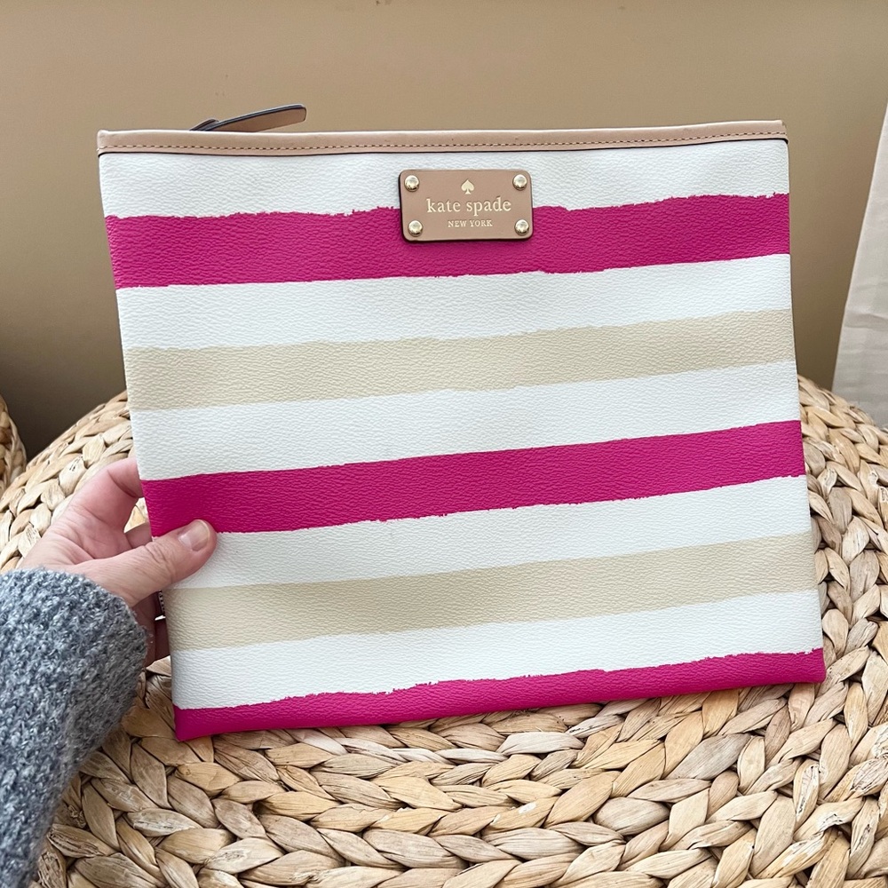 Kate Spade pink and white striped clutch bag